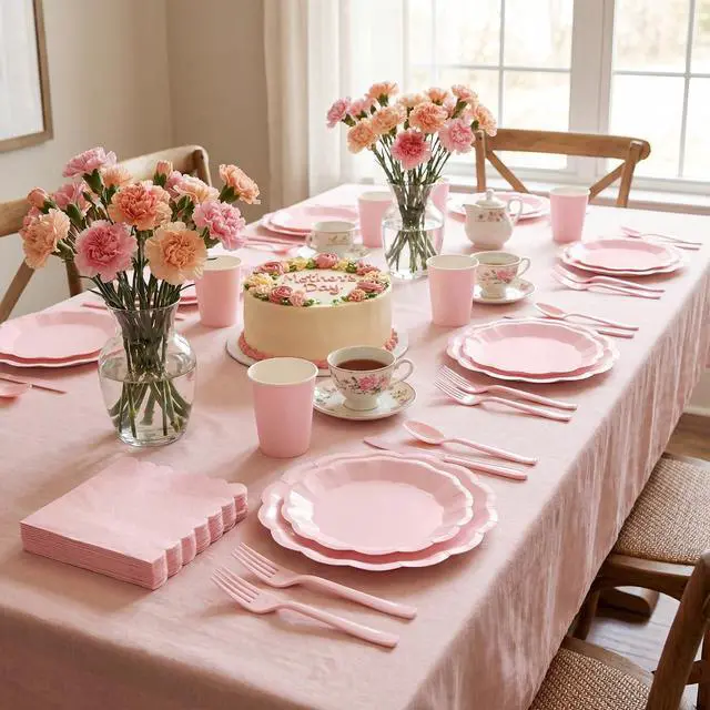 Alt view image 6 of 7 - 175 Pcs Pink Paper Plates and Napkins Disposable Tableware Serve 25 Guest