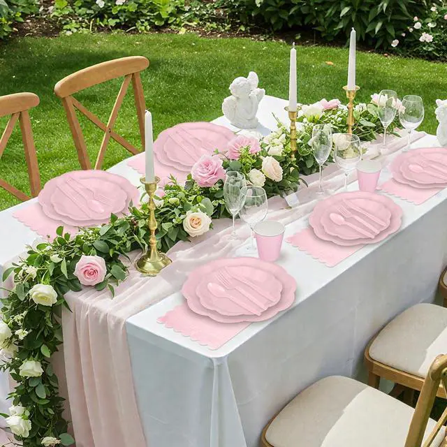 Alt view image 7 of 7 - 175 Pcs Pink Paper Plates and Napkins Disposable Tableware Serve 25 Guest