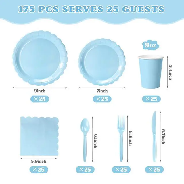 Alt view image 2 of 7 - 175 Pcs Light Blue Disposable Paper Plates and Napkins Set for 25, 9" Dinner Plates & 7" Dessert Plates, Tableware for Baby Shower, Birthday, Picnic, Party
