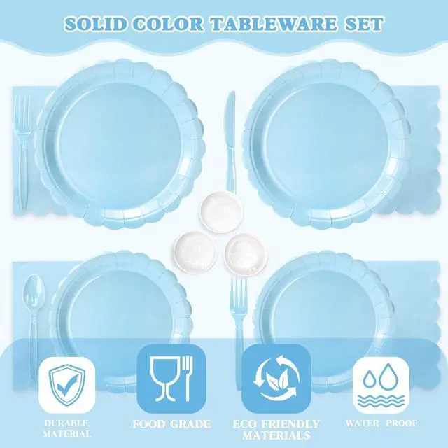 Alt view image 3 of 7 - 175 Pcs Light Blue Disposable Paper Plates and Napkins Set for 25, 9" Dinner Plates & 7" Dessert Plates, Tableware for Baby Shower, Birthday, Picnic, Party