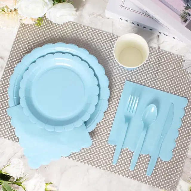 Alt view image 4 of 7 - 175 Pcs Light Blue Disposable Paper Plates and Napkins Set for 25, 9" Dinner Plates & 7" Dessert Plates, Tableware for Baby Shower, Birthday, Picnic, Party