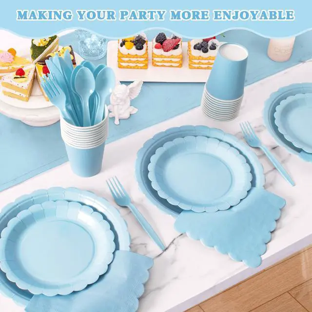 Alt view image 6 of 7 - 175 Pcs Light Blue Disposable Paper Plates and Napkins Set for 25, 9" Dinner Plates & 7" Dessert Plates, Tableware for Baby Shower, Birthday, Picnic, Party
