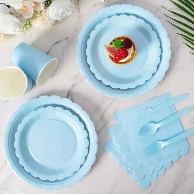 Alt view image 5 of 7 - 175 Pcs Light Blue Disposable Paper Plates and Napkins Set for 25, 9" Dinner Plates & 7" Dessert Plates, Tableware for Baby Shower, Birthday, Picnic, Party