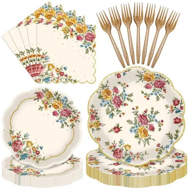 Main image of 96 Pieces Vintage Floral Tableware Set Disposable Paper Plates, Napkins, and Forks for Tea Parties, Bridal Showers, Weddings, Birthdays, Mothers Day, and Garden Celebrations Serves 24 Guests