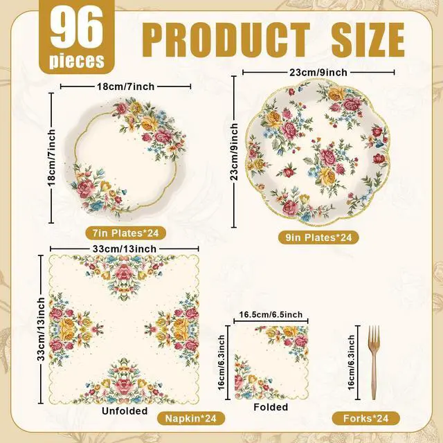 Alt view image 2 of 7 - 96 Pieces Vintage Floral Tableware Set Disposable Paper Plates, Napkins, and Forks for Tea Parties, Bridal Showers, Weddings, Birthdays, Mothers Day, and Garden Celebrations Serves 24 Guests