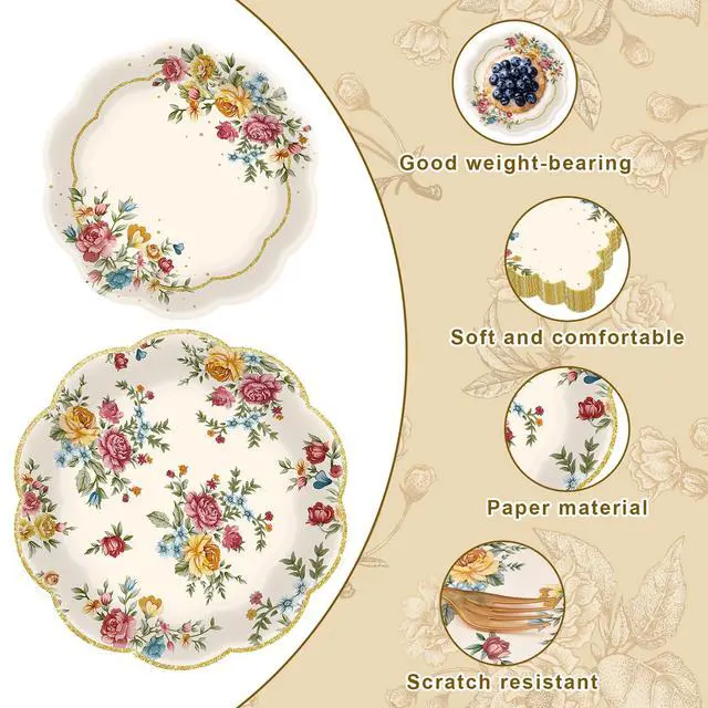 Alt view image 3 of 7 - 96 Pieces Vintage Floral Tableware Set Disposable Paper Plates, Napkins, and Forks for Tea Parties, Bridal Showers, Weddings, Birthdays, Mothers Day, and Garden Celebrations Serves 24 Guests