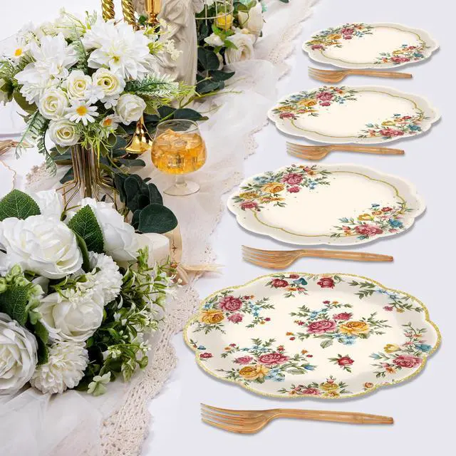 Alt view image 4 of 7 - 96 Pieces Vintage Floral Tableware Set Disposable Paper Plates, Napkins, and Forks for Tea Parties, Bridal Showers, Weddings, Birthdays, Mothers Day, and Garden Celebrations Serves 24 Guests