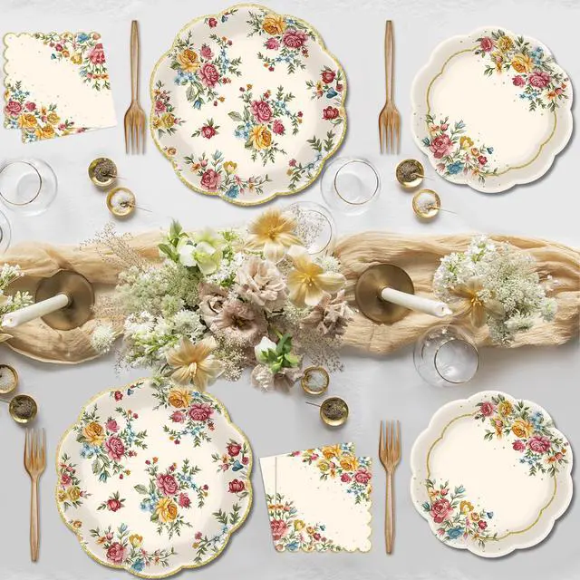 Alt view image 5 of 7 - 96 Pieces Vintage Floral Tableware Set Disposable Paper Plates, Napkins, and Forks for Tea Parties, Bridal Showers, Weddings, Birthdays, Mothers Day, and Garden Celebrations Serves 24 Guests