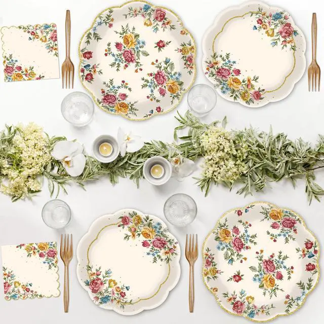 Alt view image 6 of 7 - 96 Pieces Vintage Floral Tableware Set Disposable Paper Plates, Napkins, and Forks for Tea Parties, Bridal Showers, Weddings, Birthdays, Mothers Day, and Garden Celebrations Serves 24 Guests