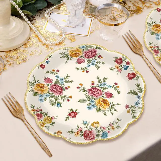 Alt view image 7 of 7 - 96 Pieces Vintage Floral Tableware Set Disposable Paper Plates, Napkins, and Forks for Tea Parties, Bridal Showers, Weddings, Birthdays, Mothers Day, and Garden Celebrations Serves 24 Guests