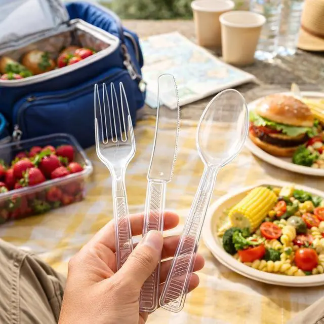 Alt view image 2 of 4 - 300 Count Plastic Cutlery Combo Box, Disposable Clear Plastic Silverware Utensils Set, 100 Forks, 100 Spoons, 100 Knives