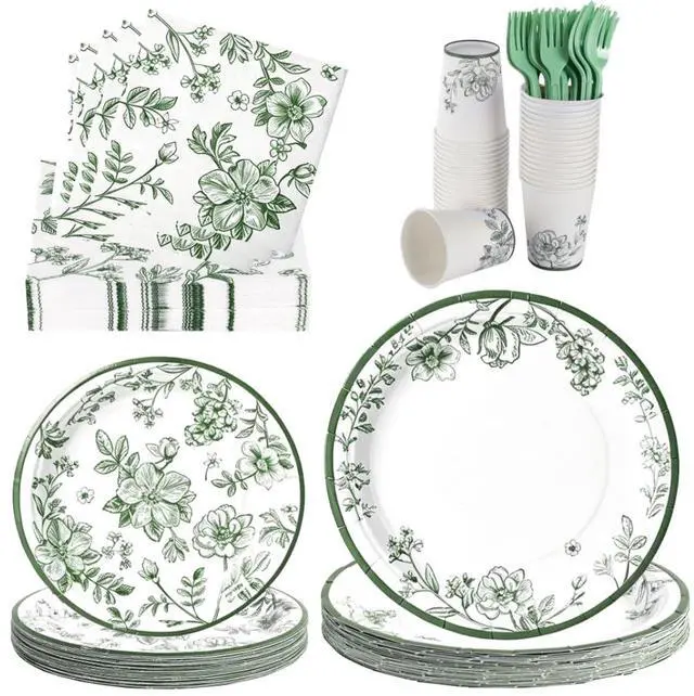 Main image of 144 Pcs Sage Green Floral Tableware Set for 24 Guests