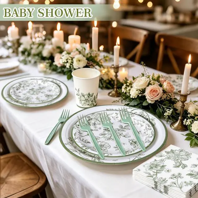 Alt view image 3 of 7 - 144 Pcs Sage Green Floral Tableware Set for 24 Guests