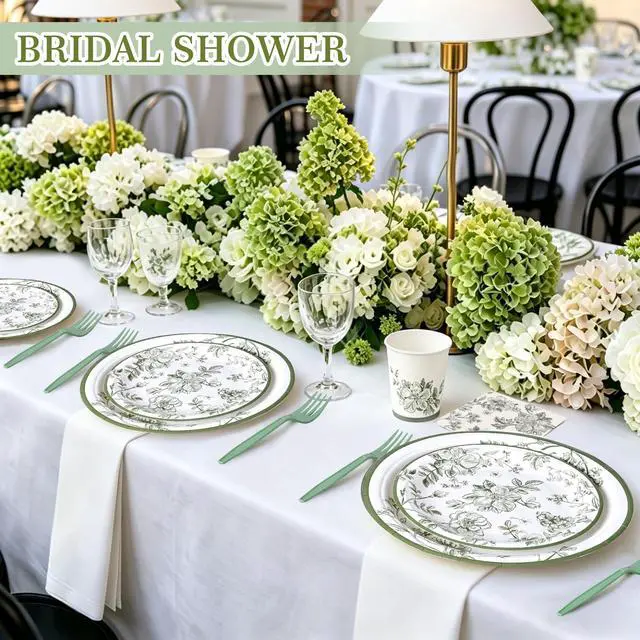 Alt view image 2 of 7 - 144 Pcs Sage Green Floral Tableware Set for 24 Guests