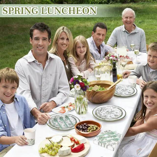 Alt view image 5 of 7 - 144 Pcs Sage Green Floral Tableware Set for 24 Guests