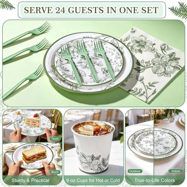 Alt view image 6 of 7 - 144 Pcs Sage Green Floral Tableware Set for 24 Guests