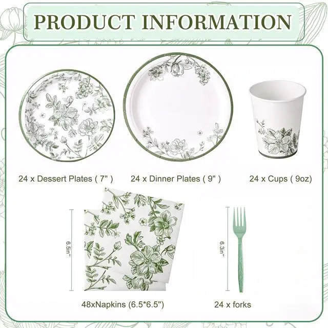 Alt view image 7 of 7 - 144 Pcs Sage Green Floral Tableware Set for 24 Guests