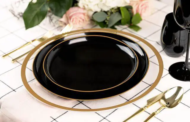 Alt view image 3 of 4 - [30 Count 8.6 Plastic Party Plates Edge Collection Black with Gold Rim Premium heavyweight Elegant Disposable Tableware Dishes (Black With Gold Rim,