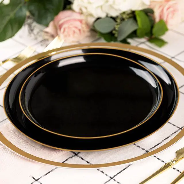 Alt view image 2 of 4 - [30 Count 8.6 Plastic Party Plates Edge Collection Black with Gold Rim Premium heavyweight Elegant Disposable Tableware Dishes (Black With Gold Rim,