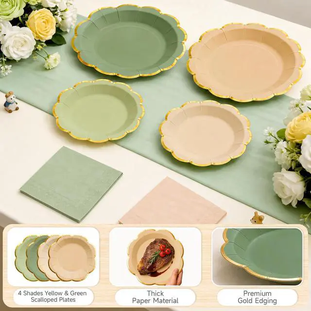 Alt view image 4 of 7 - 60pcs Sage Green and Nude Disposable Paper Plates & Napkins Set for 20