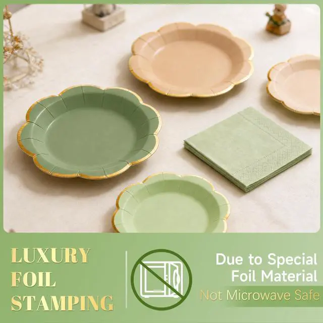 Alt view image 5 of 7 - 60pcs Sage Green and Nude Disposable Paper Plates & Napkins Set for 20