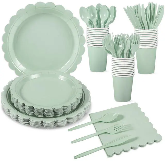 Main image of Party Plates and Cups and Napkins, 25 Set Sage Green Dinnerware