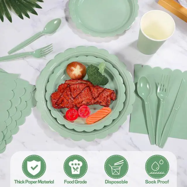 Alt view image 5 of 7 - Party Plates and Cups and Napkins, 25 Set Sage Green Dinnerware