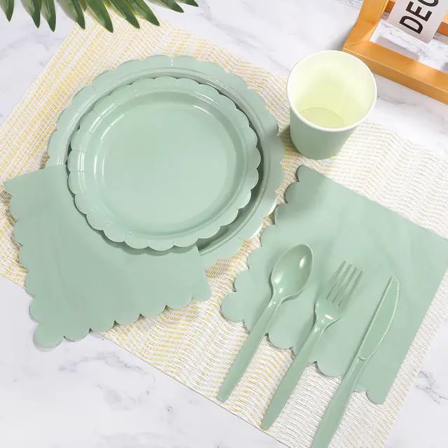 Alt view image 6 of 7 - Party Plates and Cups and Napkins, 25 Set Sage Green Dinnerware