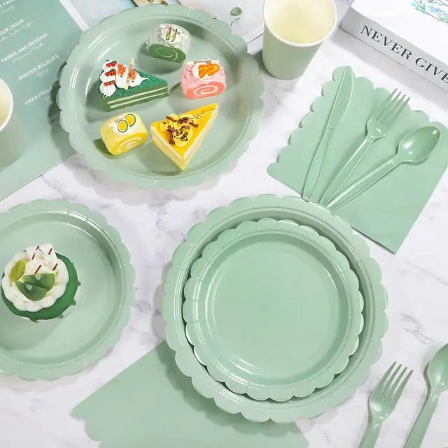 Alt view image 7 of 7 - Party Plates and Cups and Napkins, 25 Set Sage Green Dinnerware