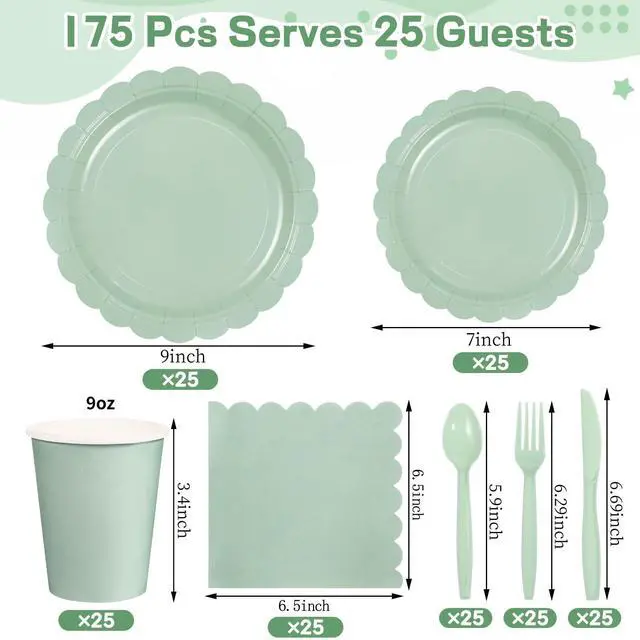 Alt view image 2 of 7 - Party Plates and Cups and Napkins, 25 Set Sage Green Dinnerware