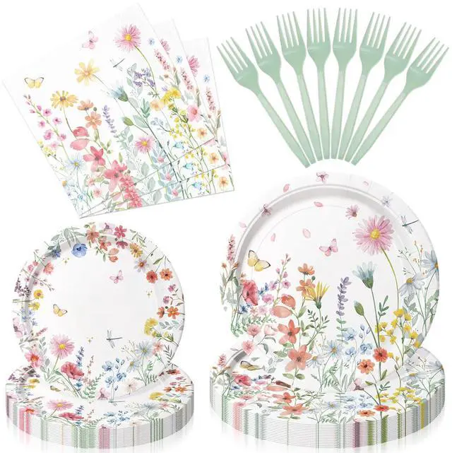 Main image of 96 Pieces Spring Wildflower Floral Tableware Set Garden Flower Disposable Plates, Napkins for Spring Birthday, Bridal Shower, Tea Party, and Mothers Day Celebrations Serves 24 Guests