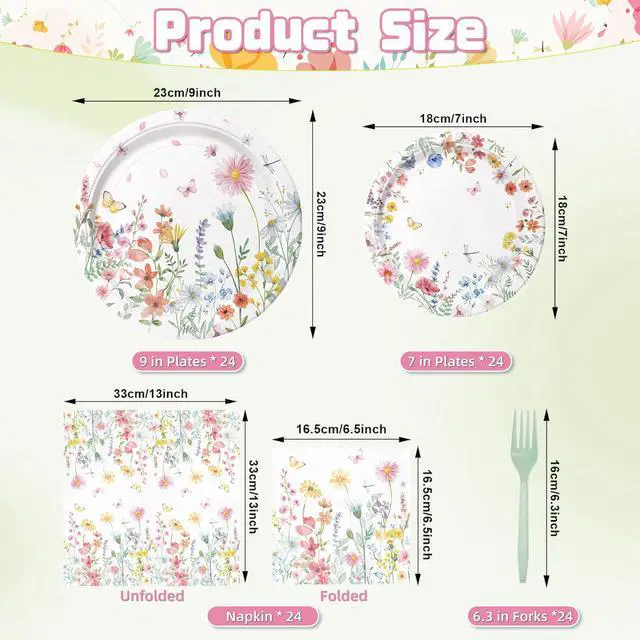Alt view image 2 of 6 - 96 Pieces Spring Wildflower Floral Tableware Set Garden Flower Disposable Plates, Napkins for Spring Birthday, Bridal Shower, Tea Party, and Mothers Day Celebrations Serves 24 Guests