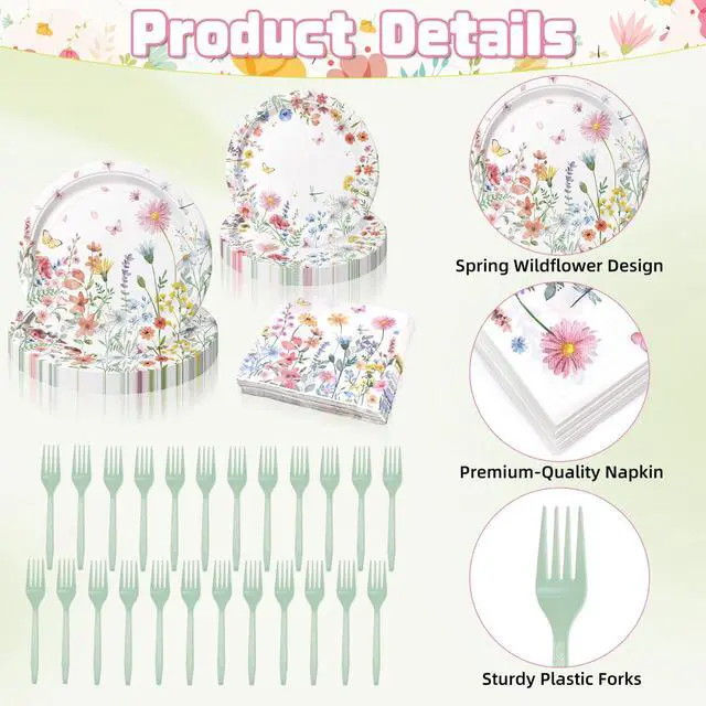 Alt view image 3 of 6 - 96 Pieces Spring Wildflower Floral Tableware Set Garden Flower Disposable Plates, Napkins for Spring Birthday, Bridal Shower, Tea Party, and Mothers Day Celebrations Serves 24 Guests