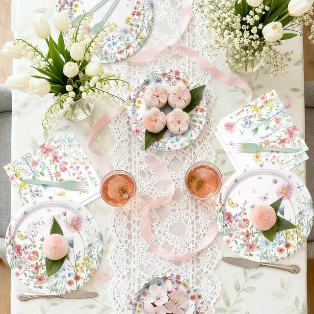 Alt view image 4 of 6 - 96 Pieces Spring Wildflower Floral Tableware Set Garden Flower Disposable Plates, Napkins for Spring Birthday, Bridal Shower, Tea Party, and Mothers Day Celebrations Serves 24 Guests