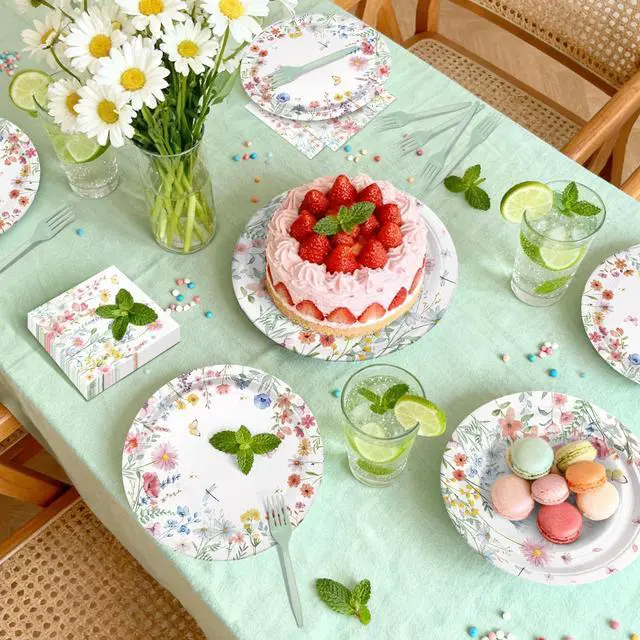 Alt view image 5 of 6 - 96 Pieces Spring Wildflower Floral Tableware Set Garden Flower Disposable Plates, Napkins for Spring Birthday, Bridal Shower, Tea Party, and Mothers Day Celebrations Serves 24 Guests