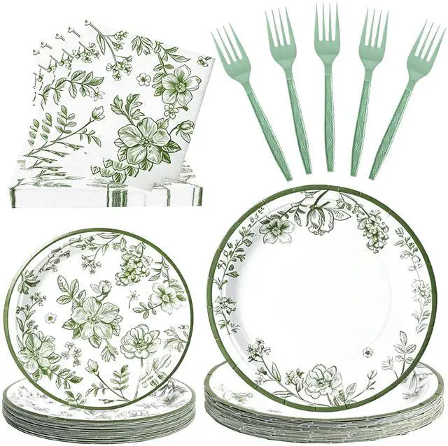 Main image of 100 Pcs Disposable Sage Green Flower Tableware Set for 25 Guests