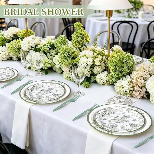 Alt view image 2 of 7 - 100 Pcs Disposable Sage Green Flower Tableware Set for 25 Guests