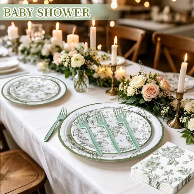 Alt view image 3 of 7 - 100 Pcs Disposable Sage Green Flower Tableware Set for 25 Guests