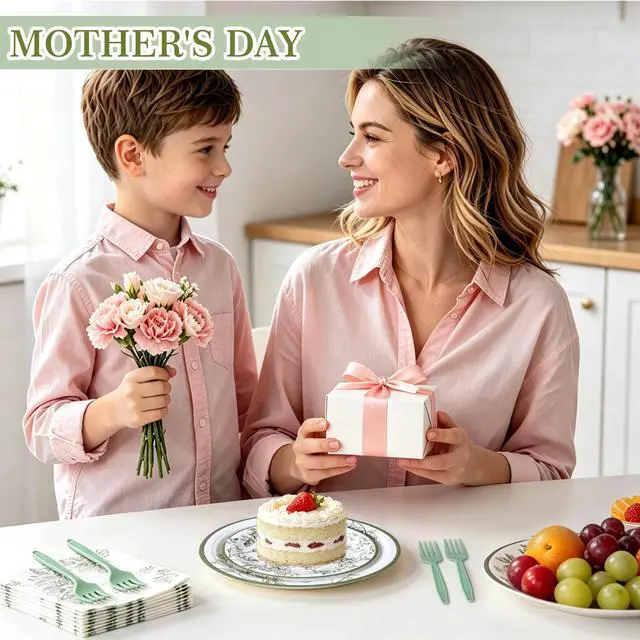 Alt view image 4 of 7 - 100 Pcs Disposable Sage Green Flower Tableware Set for 25 Guests