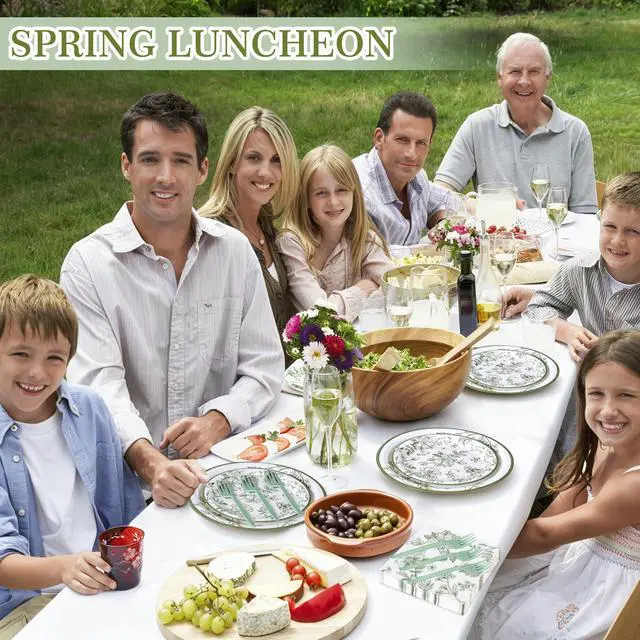 Alt view image 5 of 7 - 100 Pcs Disposable Sage Green Flower Tableware Set for 25 Guests