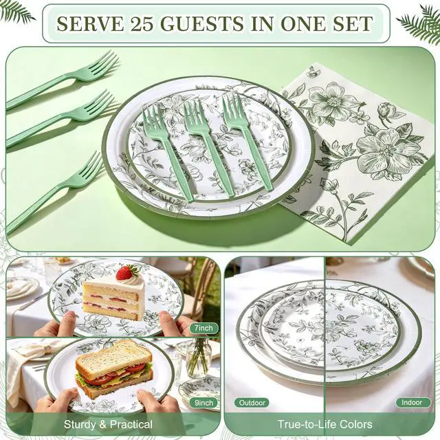 Alt view image 6 of 7 - 100 Pcs Disposable Sage Green Flower Tableware Set for 25 Guests