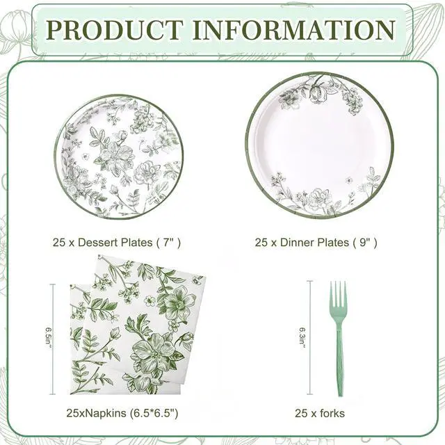 Alt view image 7 of 7 - 100 Pcs Disposable Sage Green Flower Tableware Set for 25 Guests