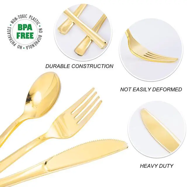 Alt view image 4 of 7 - 60PCS Gold Plastic Silverware, Heavy Duty Disposable Utensils/Cutlery