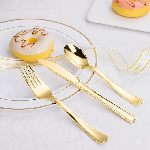 Alt view image 5 of 7 - 60PCS Gold Plastic Silverware, Heavy Duty Disposable Utensils/Cutlery