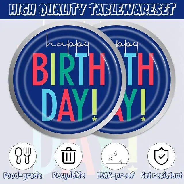 Alt view image 3 of 7 - 40Pcs Blue Happy Birthday Decorations - Birthday Party or Baby Shower Supplies Disposable Tableware Paper Blue Plates and Napkins Set for 20 Guests