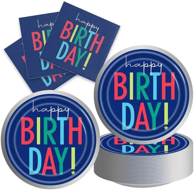 Main image of 40Pcs Blue Happy Birthday Decorations - Birthday Party or Baby Shower Supplies Disposable Tableware Paper Blue Plates and Napkins Set for 20 Guests