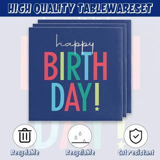 Alt view image 4 of 7 - 40Pcs Blue Happy Birthday Decorations - Birthday Party or Baby Shower Supplies Disposable Tableware Paper Blue Plates and Napkins Set for 20 Guests