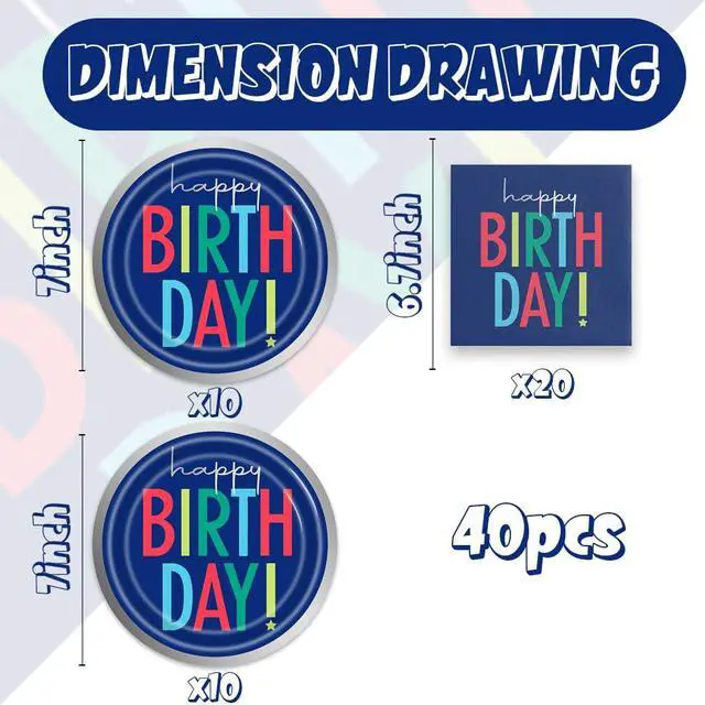 Alt view image 2 of 7 - 40Pcs Blue Happy Birthday Decorations - Birthday Party or Baby Shower Supplies Disposable Tableware Paper Blue Plates and Napkins Set for 20 Guests