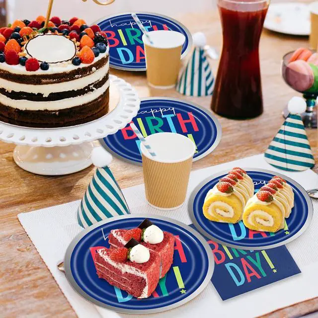 Alt view image 5 of 7 - 40Pcs Blue Happy Birthday Decorations - Birthday Party or Baby Shower Supplies Disposable Tableware Paper Blue Plates and Napkins Set for 20 Guests