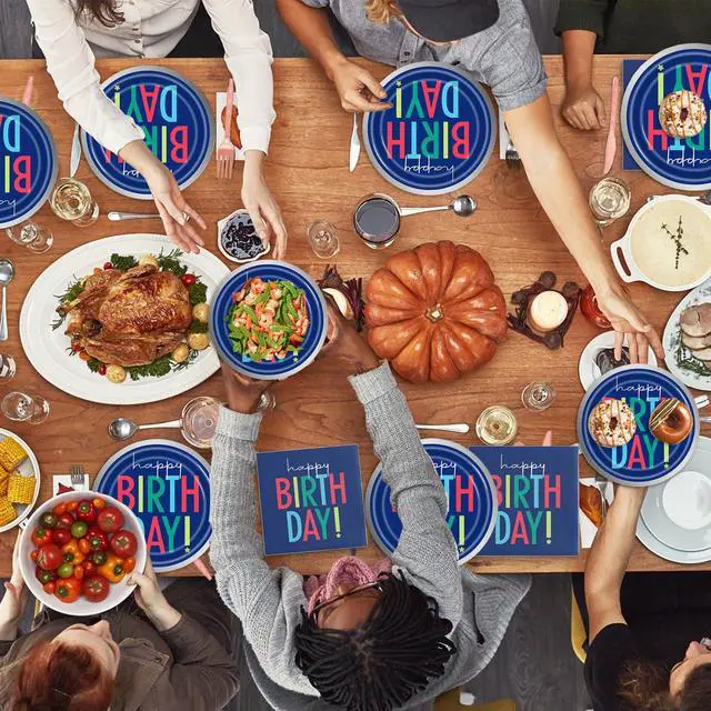 Alt view image 6 of 7 - 40Pcs Blue Happy Birthday Decorations - Birthday Party or Baby Shower Supplies Disposable Tableware Paper Blue Plates and Napkins Set for 20 Guests